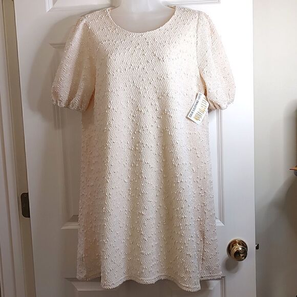 NWT Love Riche Short Sleeve Dress Textured Ivory Boucle Size L - Picture 1 of 8